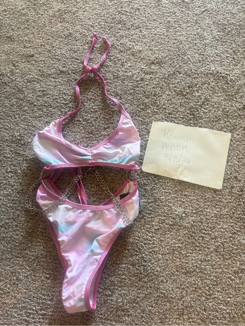 Girls' Pink Tie-Dye Chain-Detail Swim Set